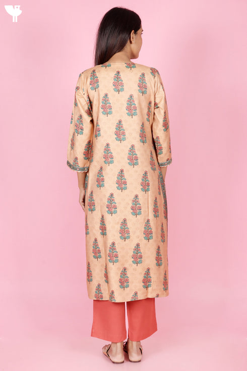 Tussar Cotton Kurta Pant And Dupatta Set In Floral Block Print